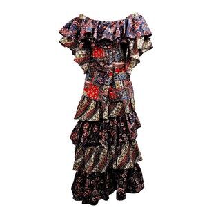 Vintage 2 Pc Carolyn Rothwell Boho Patchwork Flounce Ruffle Skirt & Shirt Set